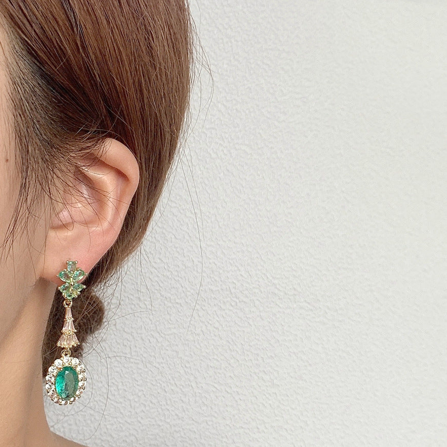 Romantic Vintage Green Zircon Earrings | 14K Gold Plated | 925 Silver Needle | Elegant Court Style