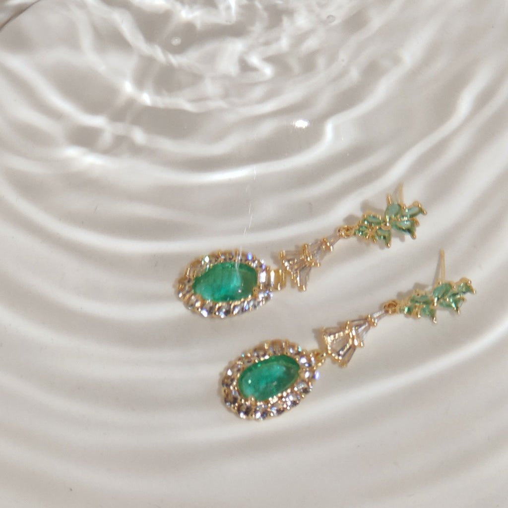 Romantic Vintage Green Zircon Earrings | 14K Gold Plated | 925 Silver Needle | Elegant Court Style