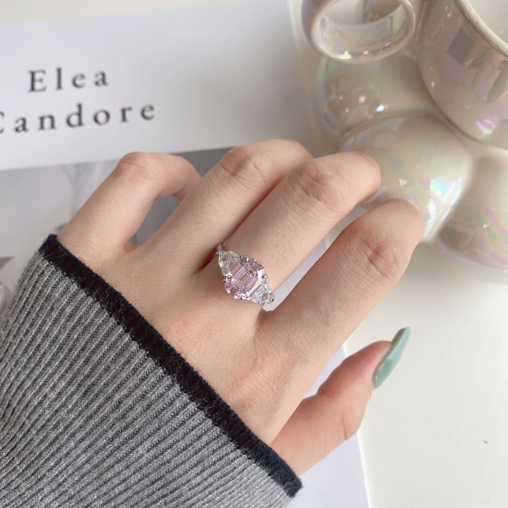 925 Silver Pink Heart Ring | Cube Sugar Design | High-Carbon Diamond | INS Wedding Jewelry for Women