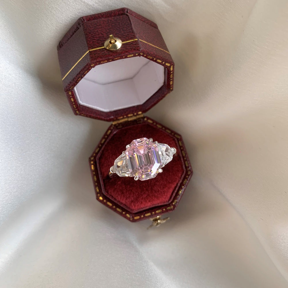 925 Silver Pink Heart Ring | Cube Sugar Design | High-Carbon Diamond | INS Wedding Jewelry for Women