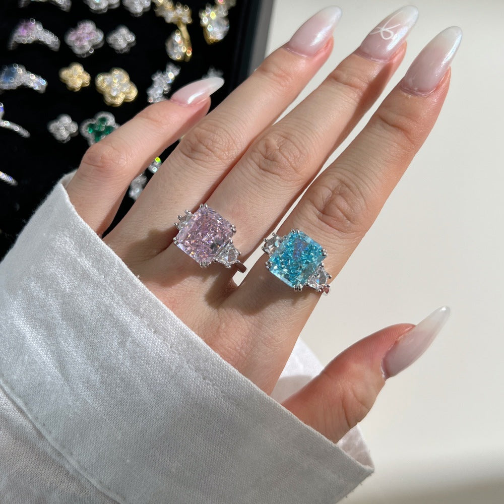925 Silver Pink Heart Ring | Cube Sugar Design | High-Carbon Diamond | INS Wedding Jewelry for Women