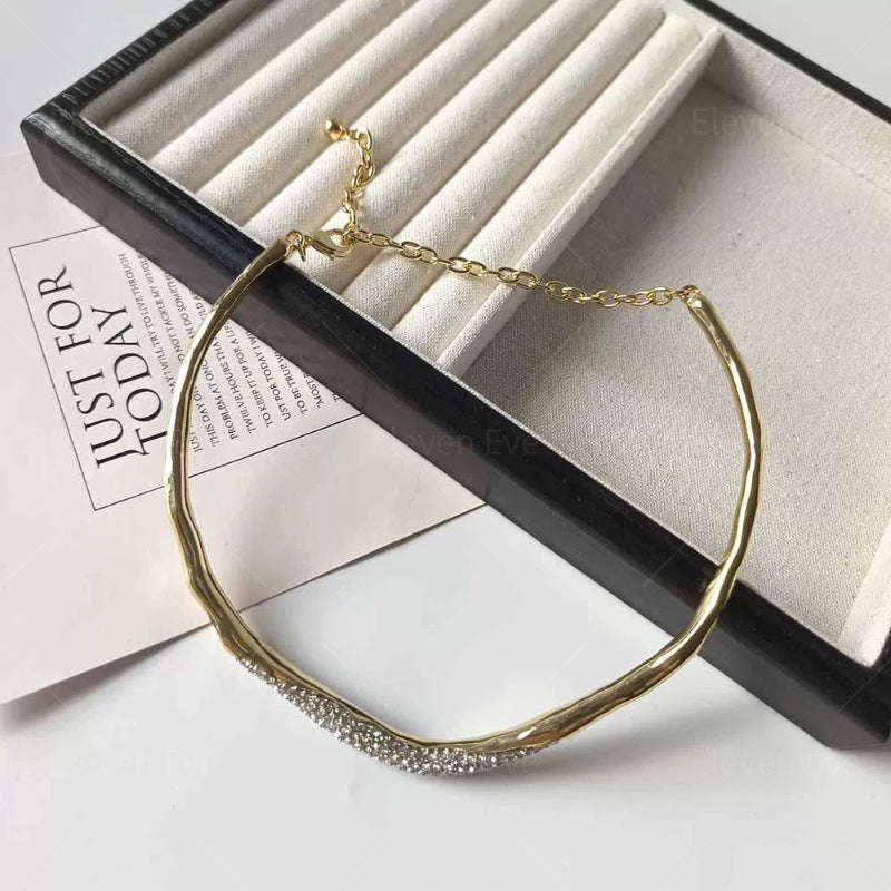 Irregular Lava Metal Choker | Sparkling Rhinestone Accent | Simple & Elegant Statement Necklace