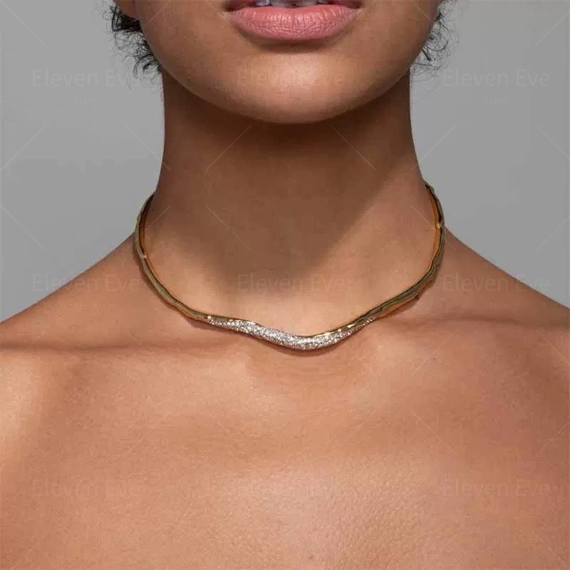 Irregular Lava Metal Choker | Sparkling Rhinestone Accent | Simple & Elegant Statement Necklace
