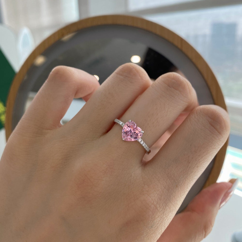 925 Silver Pink Heart Ring | Cube Sugar Design | High-Carbon Diamond | INS Wedding Jewelry for Women