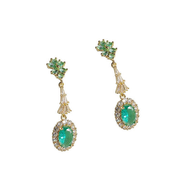 Romantic Vintage Green Zircon Earrings | 14K Gold Plated | 925 Silver Needle | Elegant Court Style