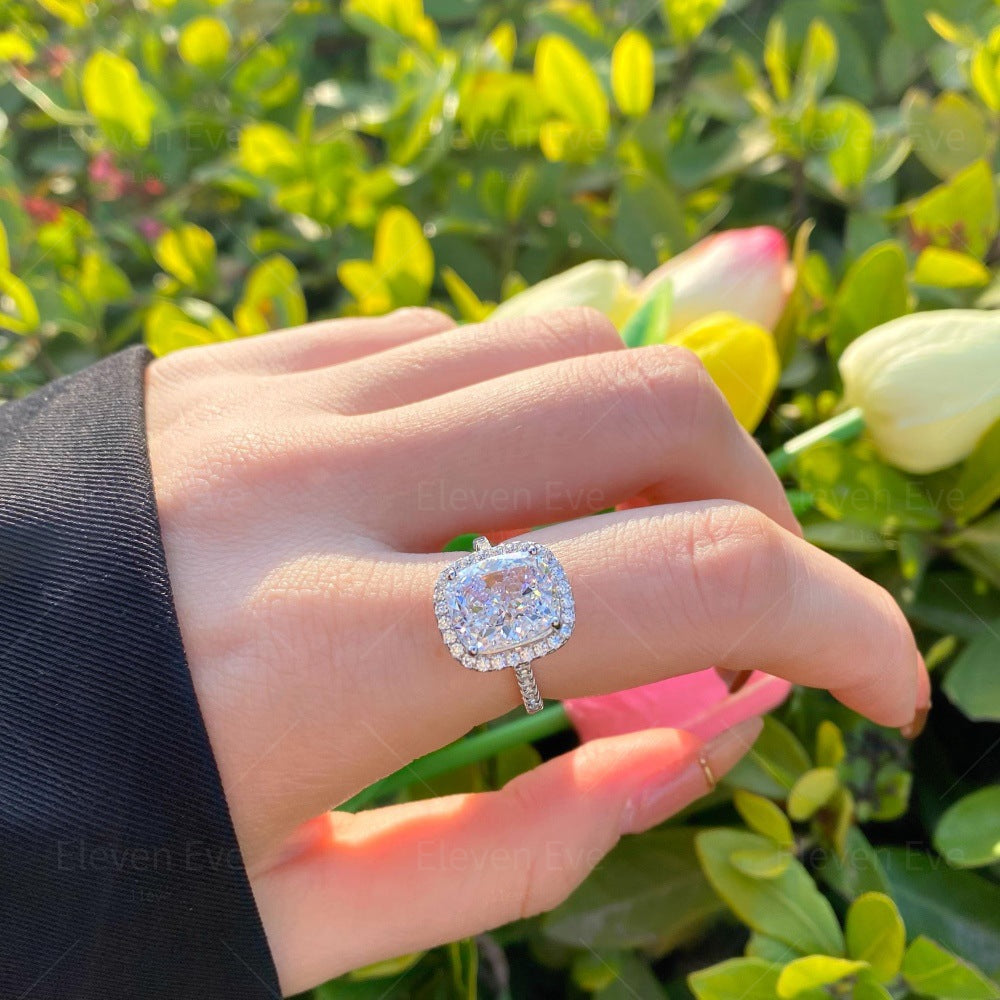 High-Carbon Square-Cut Diamond Ring | S925 Sterling Silver Wedding Ring | Pigeon Egg Style | Light Luxury Super Sparkle Statement Ring