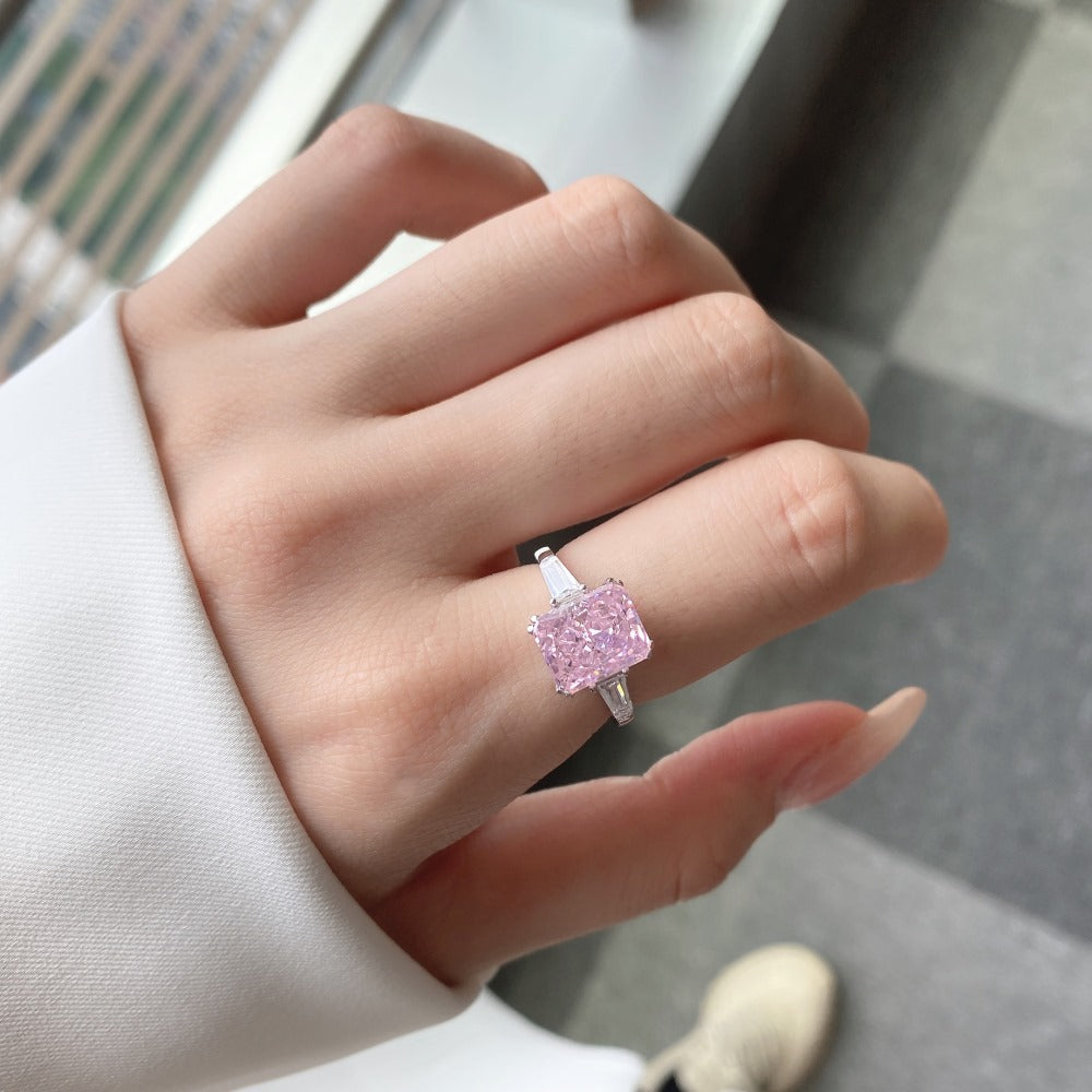 925 Silver Pink Heart Ring | Cube Sugar Design | High-Carbon Diamond | INS Wedding Jewelry for Women