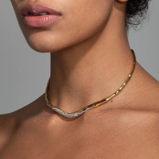 Irregular Lava Metal Choker | Sparkling Rhinestone Accent | Simple & Elegant Statement Necklace