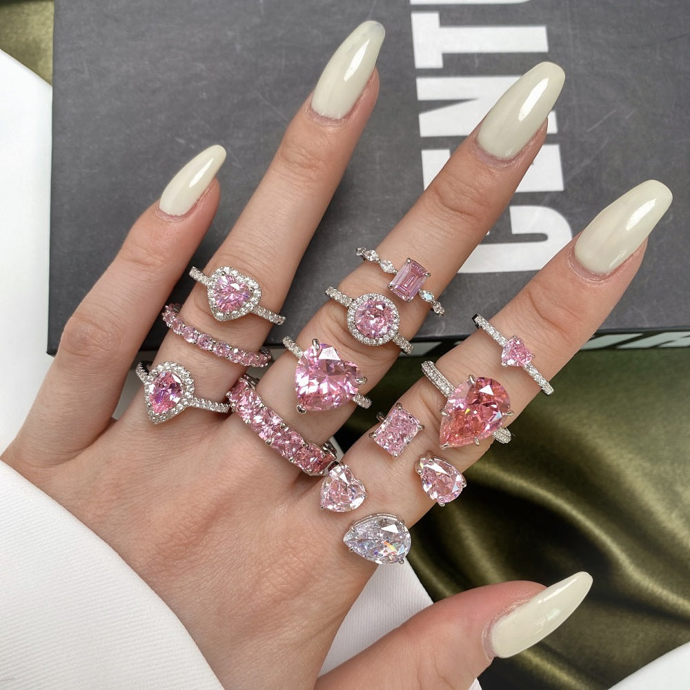 925 Silver Pink Heart Ring | Cube Sugar Design | High-Carbon Diamond | INS Wedding Jewelry for Women