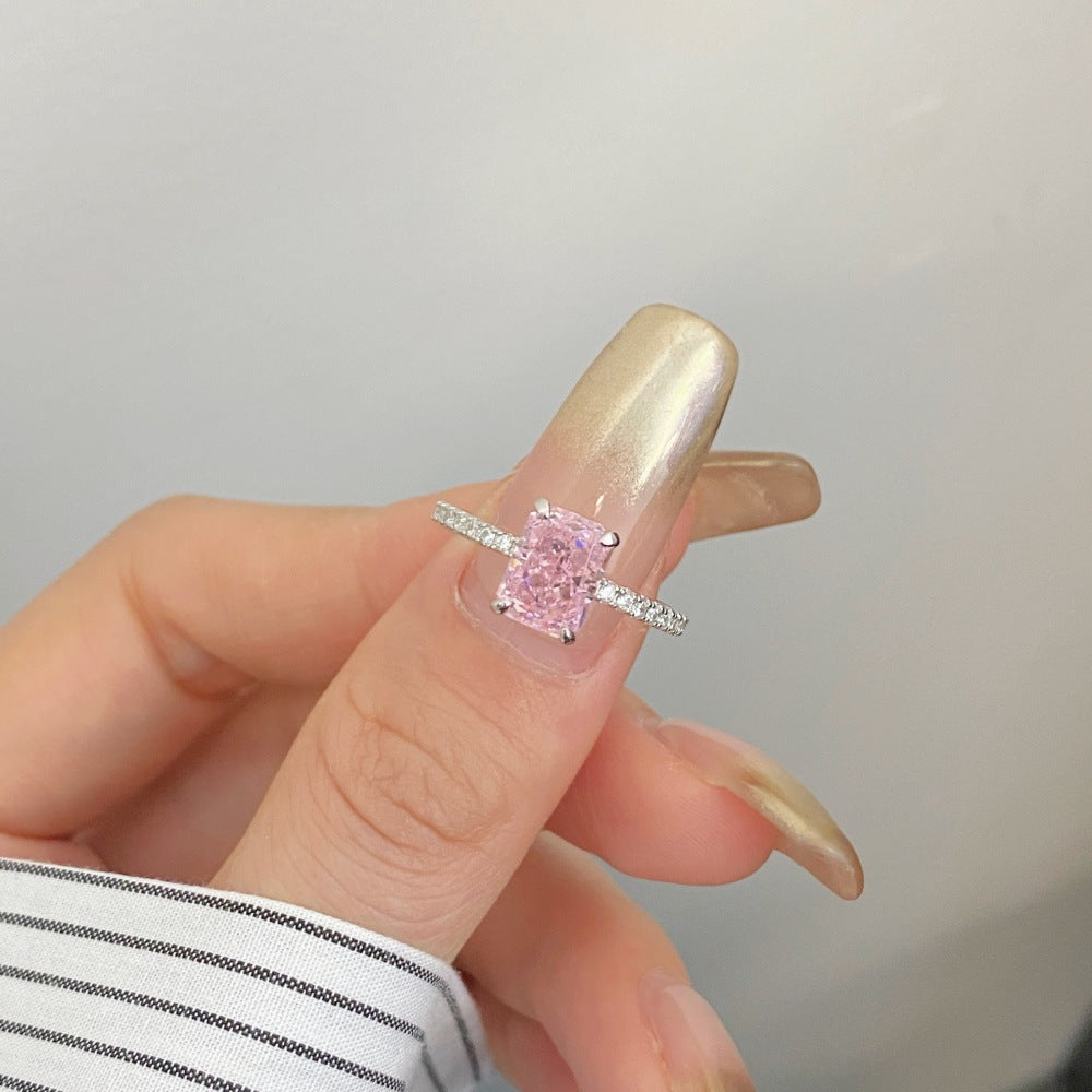 925 Silver Pink Heart Ring | Cube Sugar Design | High-Carbon Diamond | INS Wedding Jewelry for Women