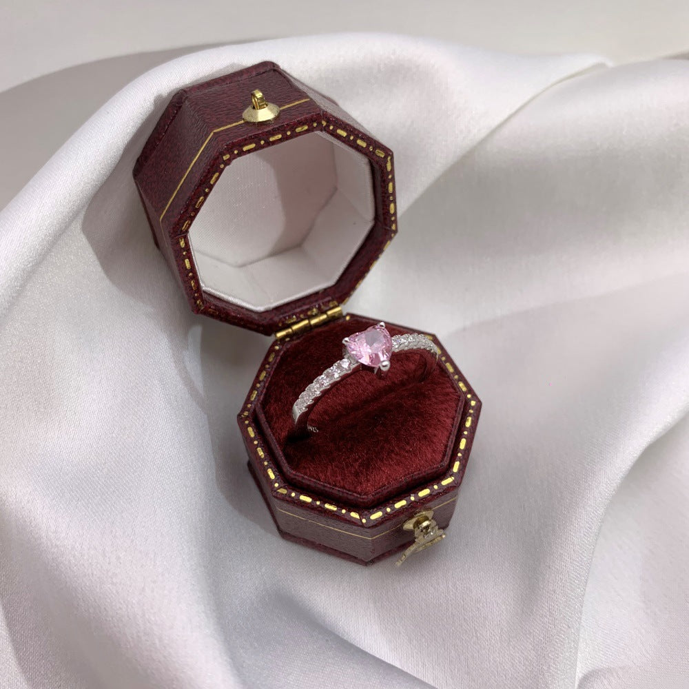 925 Silver Pink Heart Ring | Cube Sugar Design | High-Carbon Diamond | INS Wedding Jewelry for Women