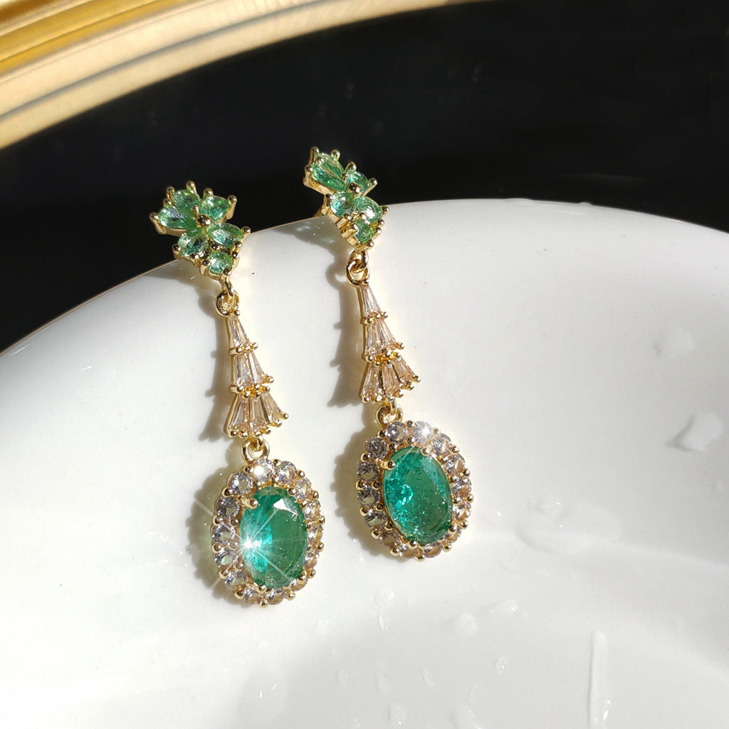 Romantic Vintage Green Zircon Earrings | 14K Gold Plated | 925 Silver Needle | Elegant Court Style
