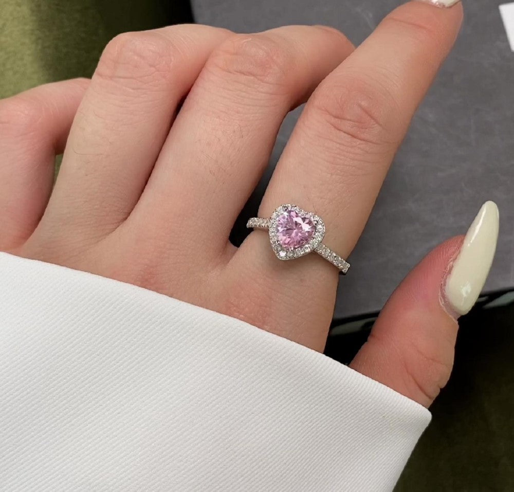 925 Silver Pink Heart Ring | Cube Sugar Design | High-Carbon Diamond | INS Wedding Jewelry for Women