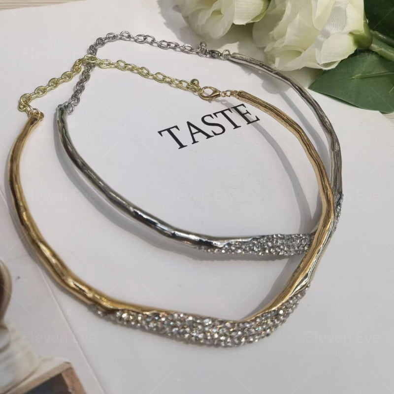 Irregular Lava Metal Choker | Sparkling Rhinestone Accent | Simple & Elegant Statement Necklace