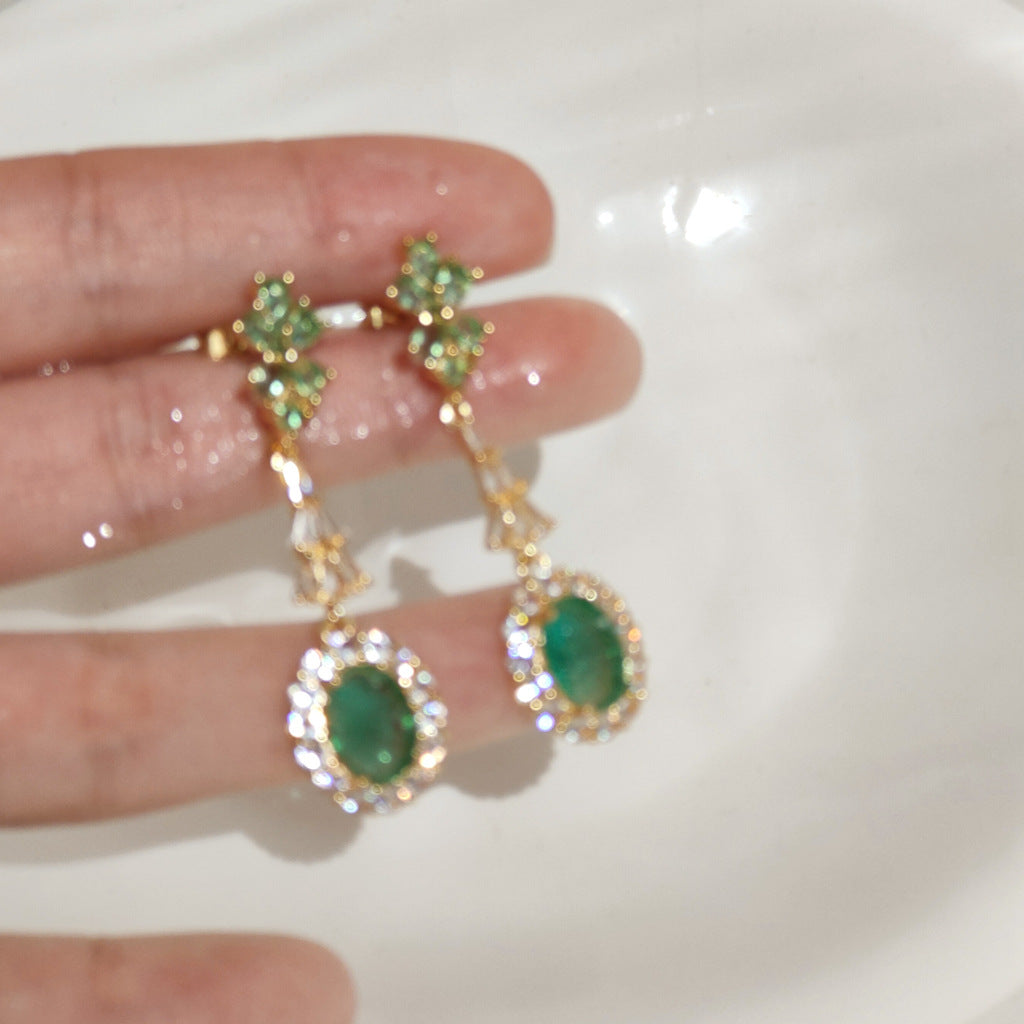 Romantic Vintage Green Zircon Earrings | 14K Gold Plated | 925 Silver Needle | Elegant Court Style