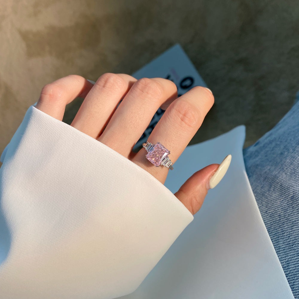 925 Silver Pink Heart Ring | Cube Sugar Design | High-Carbon Diamond | INS Wedding Jewelry for Women