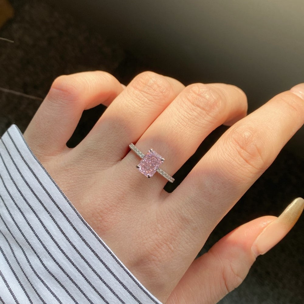 925 Silver Pink Heart Ring | Cube Sugar Design | High-Carbon Diamond | INS Wedding Jewelry for Women