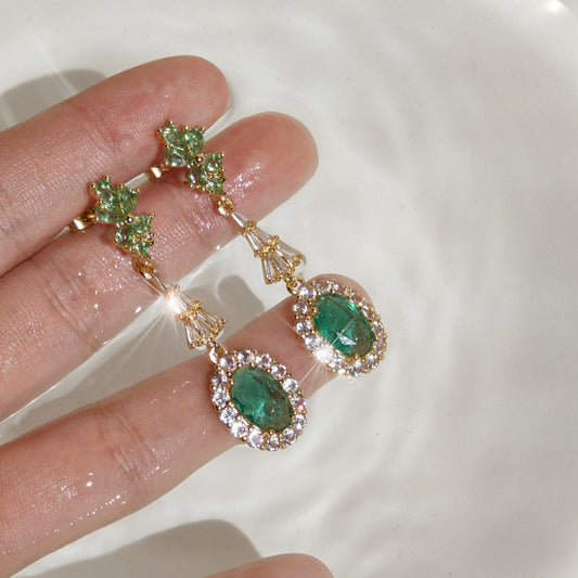 Romantic Vintage Green Zircon Earrings | 14K Gold Plated | 925 Silver Needle | Elegant Court Style